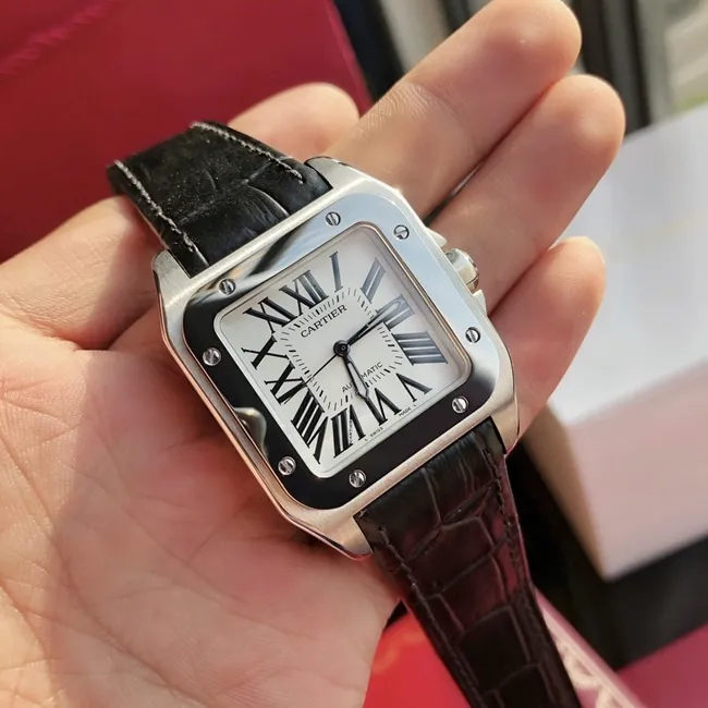 top-tier watch Cartier men's white dial black belt automatic movementleather strap watch front view
