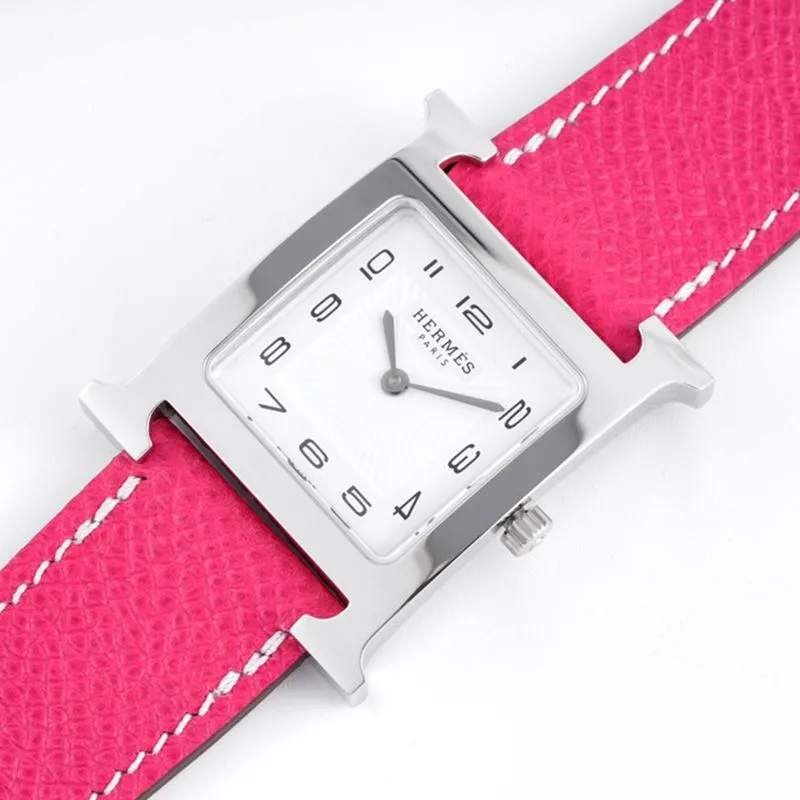 top-tiersuper cloneHermès ladies' watchHeureH series quartz square fashion watch pink braceletwhite dial front view