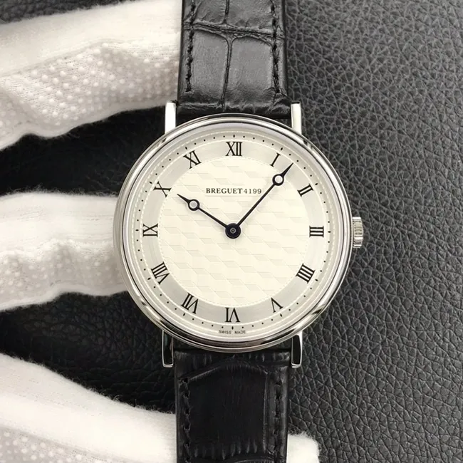 Top Breguet men's classic series white dial black strap mechanical leather watch front view