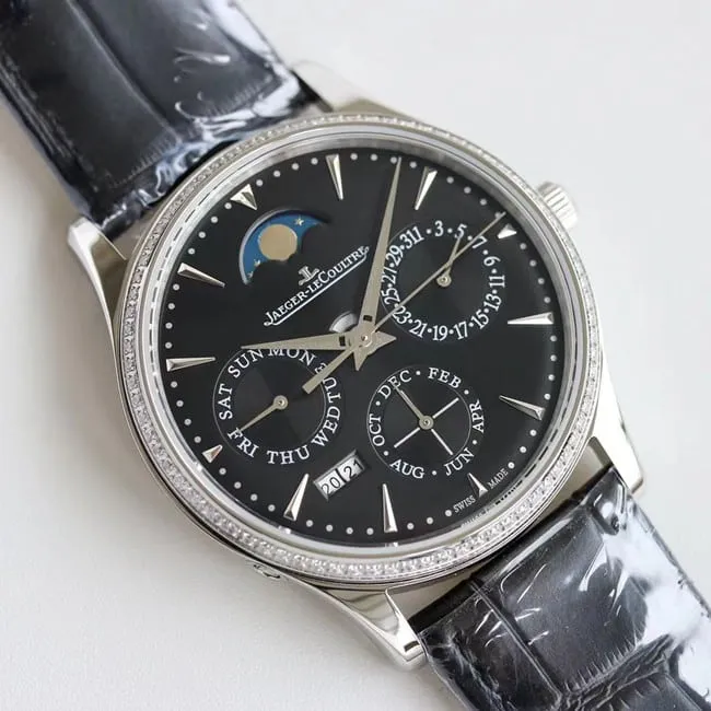 TW factory Jaeger-LeCoultre perpetual calendar men's black dial black belt full automatic movement master series leather straptop-tier watch front view