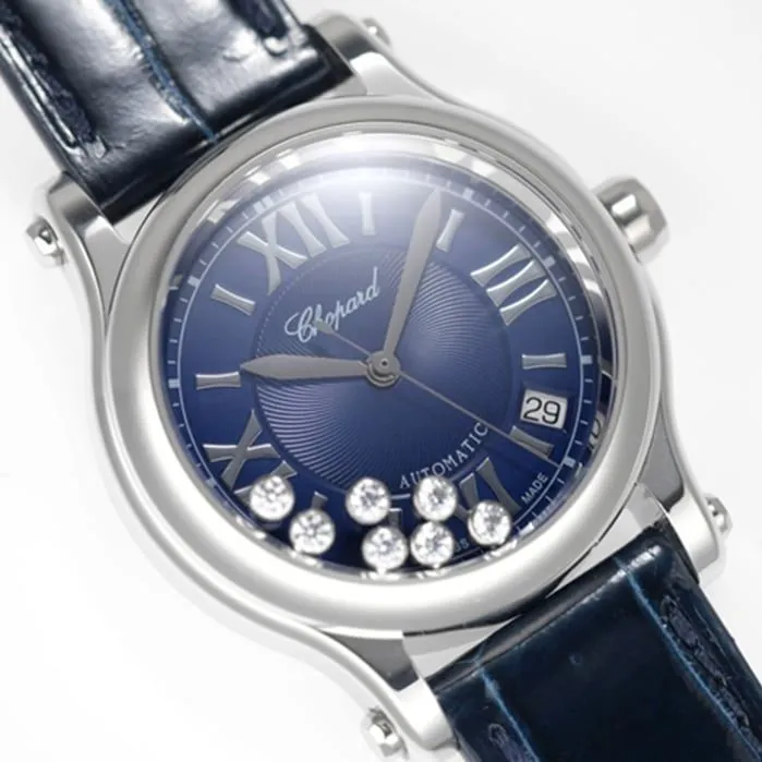top-tier watch Chopard women's blue dial blue belt happy diamond series watch front view