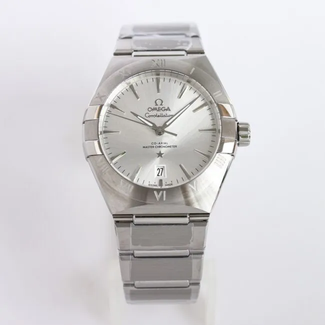 Top Omega 39mm Constellation series stainless steel watch front view