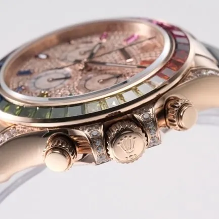 top-tier replicaRolex men's gold plate rubber strap new rainbow di automatic movement watch front view