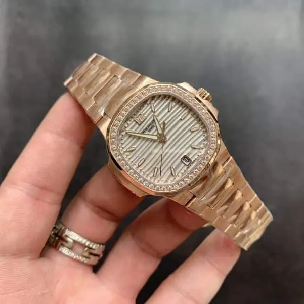 Patek Philippereplica watch Nautilusdiamond bezel full rose gold women's front view