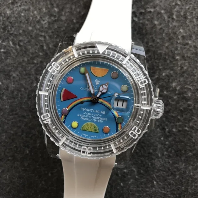 top-tier replicaRolex men's blue dialrubber strap crystal series full automatic movement watch front view