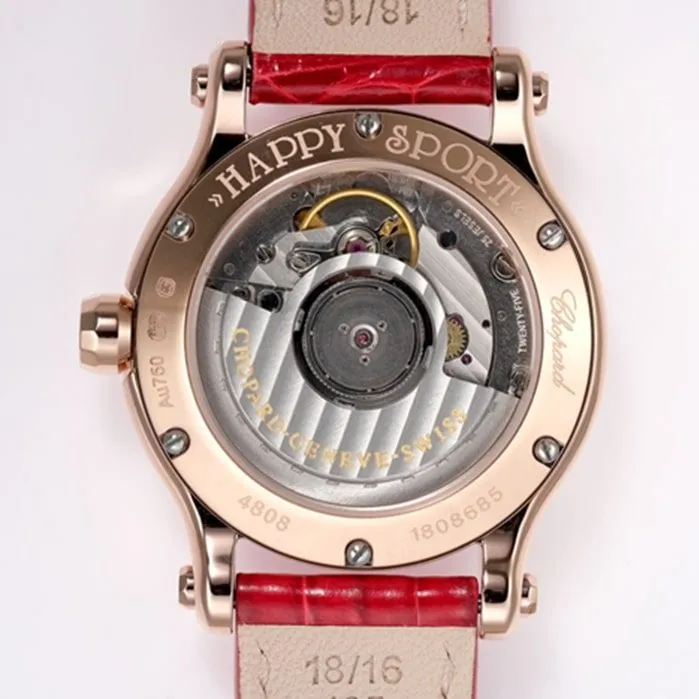 top-tier watch Chopard women's black dial red band happy diamond HAPPY DIAMONDS series mechanical watch front view