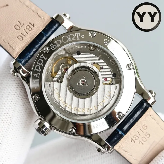 Top Chopard women's watch with blue dial, blue strap, Happy Diamonds series, mechanical watch, front view