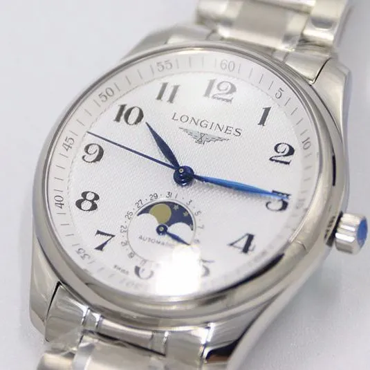 GS factory Longinesreplica watch master series moon phase watch white dial316stainless steelbraceletdetail shots