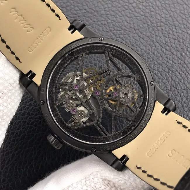 BBR factory top-tier watch Roger Dubuis manual winding tourbillon men's black dialleather strap watch front view