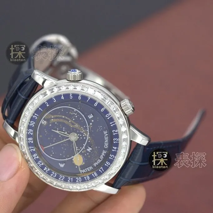 yl Gypsophila Patek Philippe1:1replica hand bezel diamond blue dial blue leather bracelet front view
