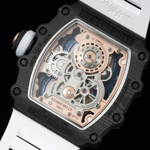 Top-tier super cloneRichard Millerose gold creates a real wrist aircraft RM 21-01 aerodynamic tourbillon watch front view
