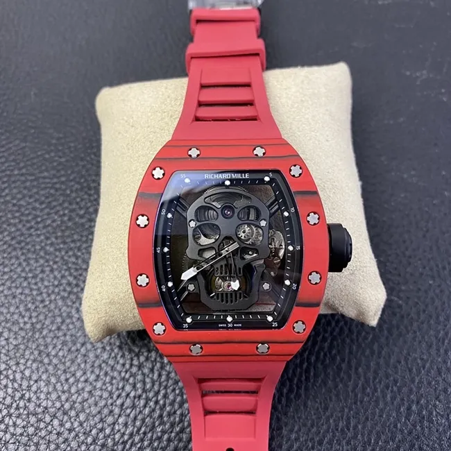 JB factory Richard Milletop-tier watch RM52-01 real tourbillon men's black dial red rubber strap skull mechanical watch front view