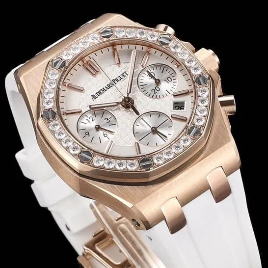 top-tier watch Audemars PiguetAudemars Piguet Royal Oak women's multifunctional chronograph white dial mechanical watch front view