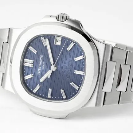 top-tier watch Patek Philippe Nautilus 40th anniversary white steel blue bottom men's mechanical watch front view