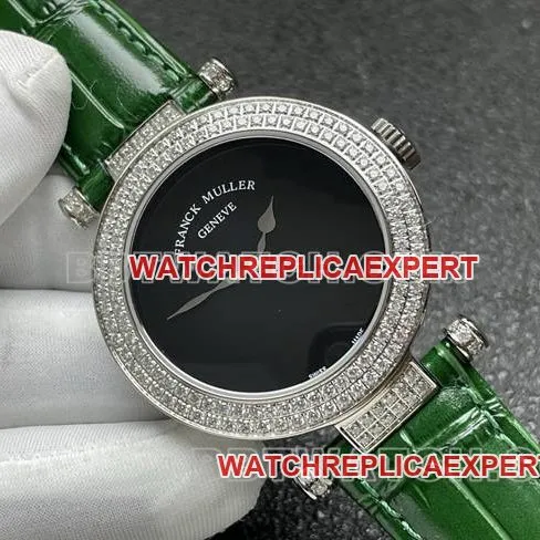 collectible watch frank mill quartz ABF factory black dialdiamond bezel green leather braceletfront live photo