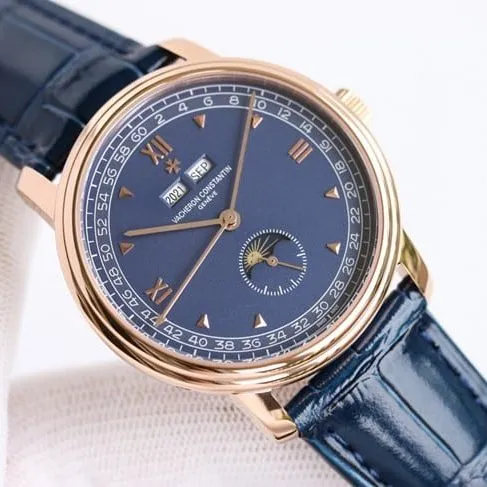 TWS factory Vacheron Constantintop-tier watch fully automatic movementleather strap men's blue dial blue belt front view
