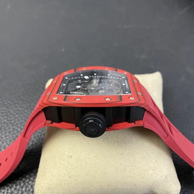 JB factory Richard Milletop-tier watch RM52-01 real tourbillon men's black dial red rubber strap skull mechanical watch front view