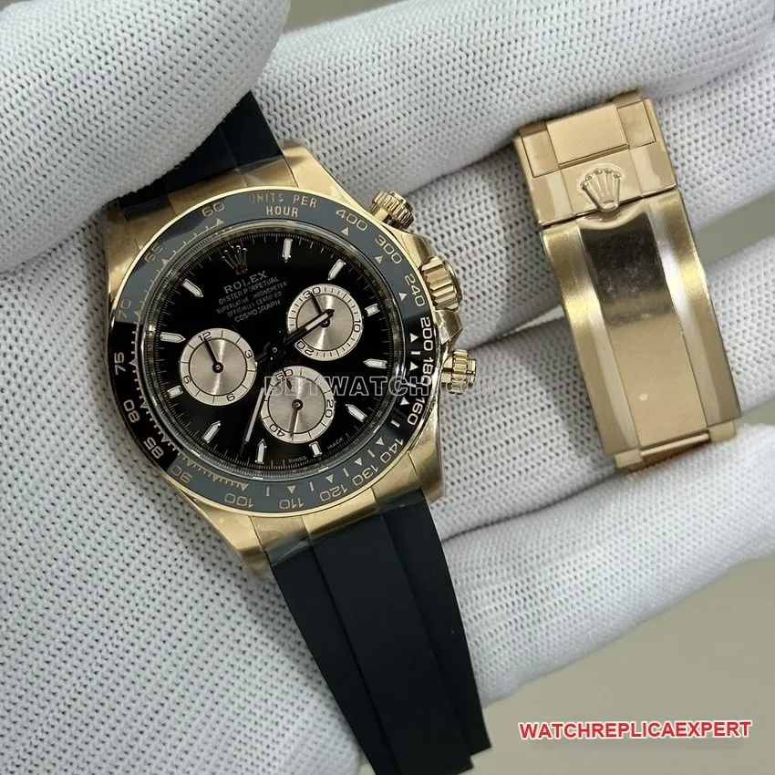 Clean factory Rolex Daytona super A imitation black plate rose gold rubber models 126515 front real picture