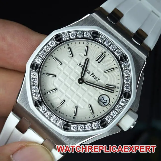 top-tier watch Audemars PiguetRoyal Oak diamond ladies white dial watch white rubber strapquartz movement watch back cover picture