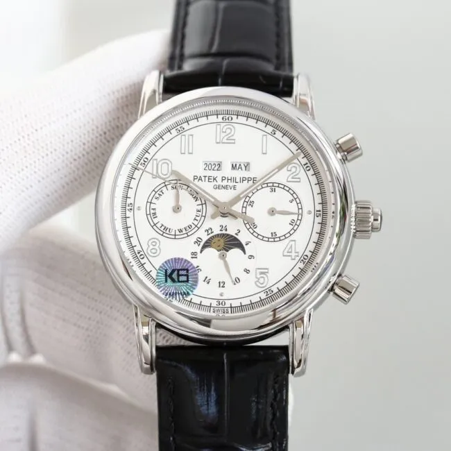 top-tier watch Patek Philippe super complex function chronograph series white steel white bottom men's mechanical watch detail shots