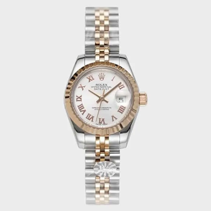 Top-tier watch Rolex women's white dial Date just steel bracelet watch front view