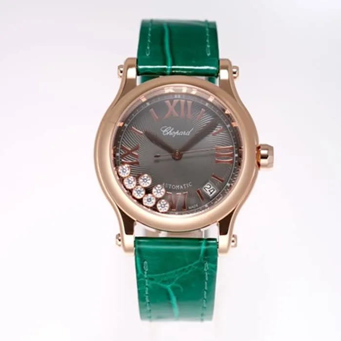 Top Chopard women's watch, black dial, green strap, HAPPY DIAMONDS series, mechanical leather strap, front view.