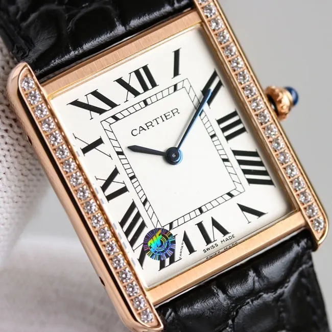 3WF factory Cartiertop-tier watch tank series white dial black belt couple series quartzleather strap watch front view