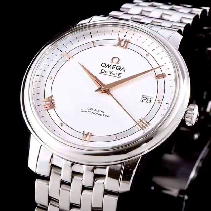 Omegasuper watch disc flying business series men's mechanical ultra-thin watch white steel rose gold scale detail shots