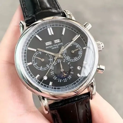 Patek Philippetop-tier men's black dial black belt full automatic movement super complex function chronograph series watch front view