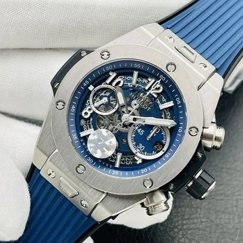 top-tier replicaHublot Big Bang Series 44MM silver case blue rubber watch front view
