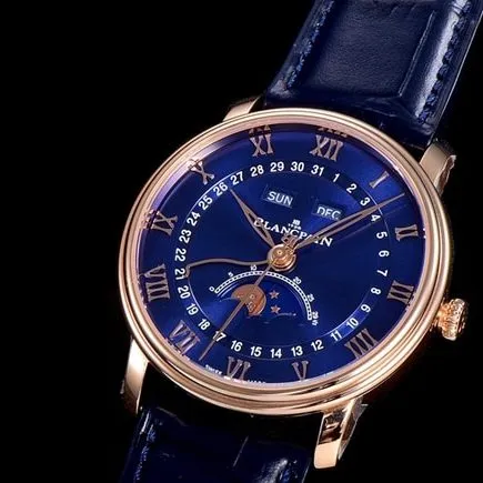 OM FactoryBlancpaintop-tier watch men's blue dial blue belt villeret classic 6654 new V3 upgraded leather strap watch front view
