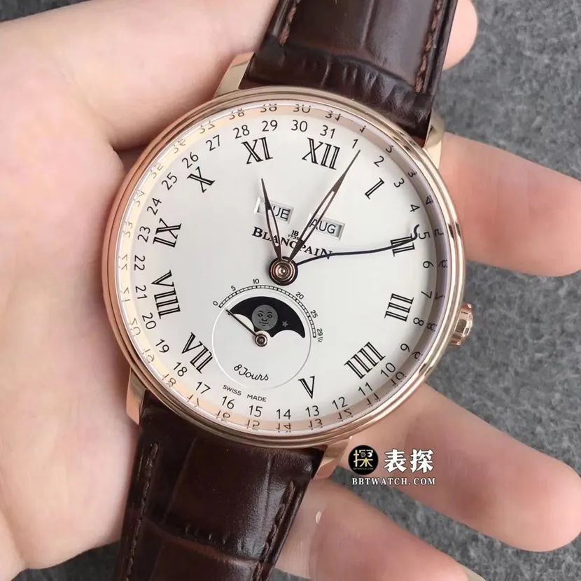 TTC factory Blancpain classic 6263super watch men's white dialmoon phaseleather strap picture and price front live photo