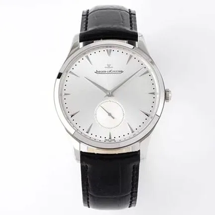 ZF FactoryJaeger-LeCoultretop-tier replicahigh-quality watch men's white dial black belt master series ultra-thin small second hand quartzleather strap watch front view