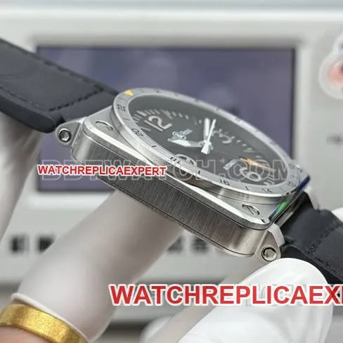 collectible watch Bell & Ross black dial 42mm dual time zone leather strap model front live photo