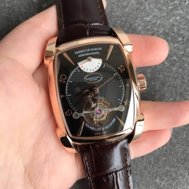 Parmigiani Fleurier watch tourbillontop-tier men's square watch rose goldblack dial front view