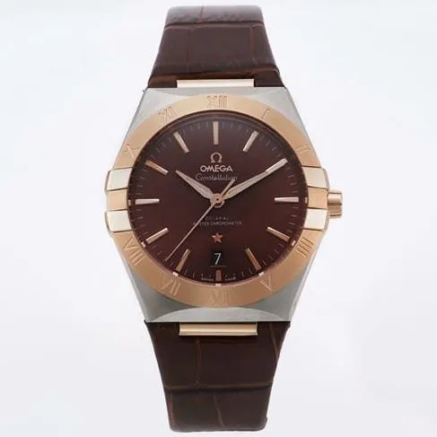 TW factory top-tier watch Omega men's brown plate brown belt constellation series leather strap watch front view