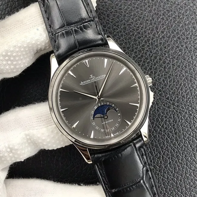 GF FactoryJaeger-LeCoultretop-tier watch moon phase master series formal men's black dial black belt automatic movement watch front view