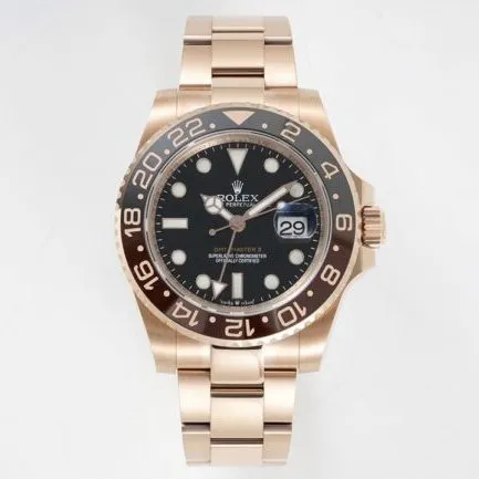 GS factory top-tier watch Rolexrose gold black bottom men's mechanical watch GMT-Master Sarsaparilla ring front view