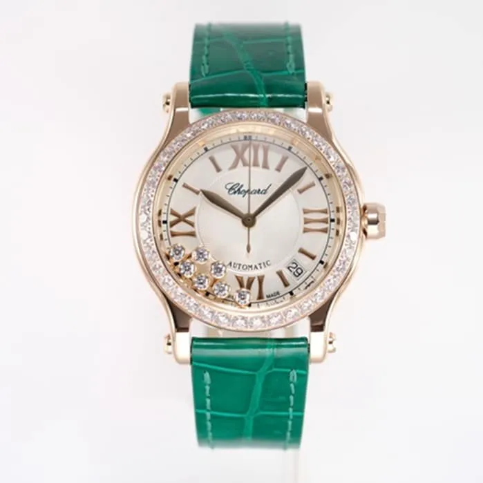 top-tier watch Chopard women's white dial green strap happy diamond series mechanical leather strap watch front view