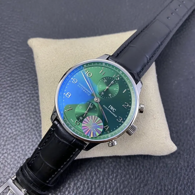 YL factory replicaIWC green dial Portuguese chronograph watch front view