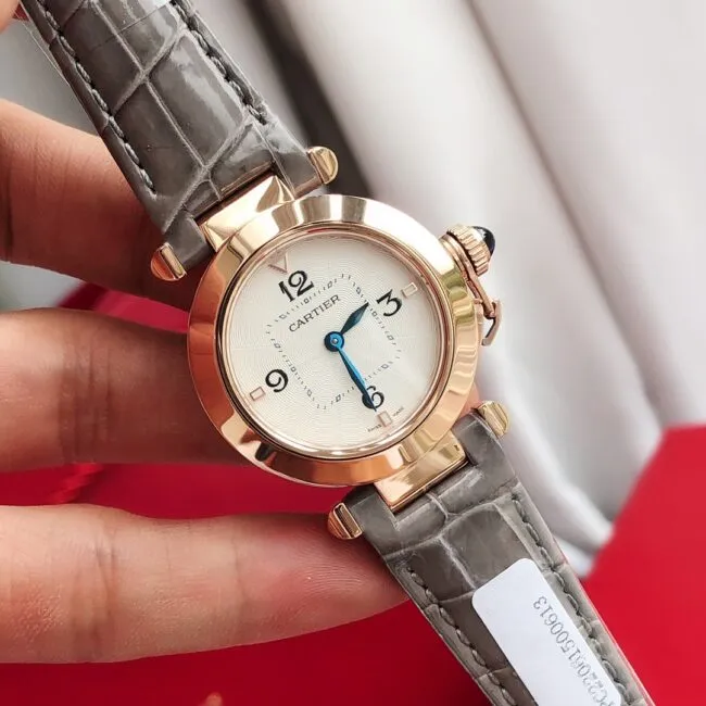 Side view of big factory high-quality replicaCartier model 2 gray rose gold ladies watch