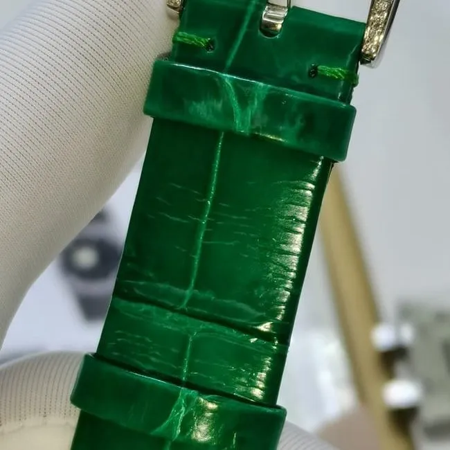 Top women's watch, Graff, white dial, green strap, full star series, quartz, real gold, real diamonds, leather strap, side view