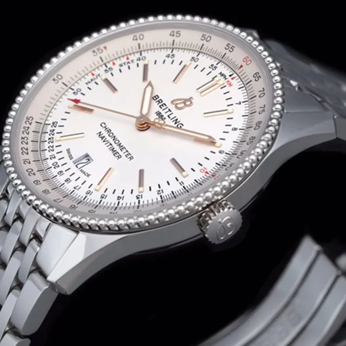 Top-tier watch Breitling men's white dial aviation chronograph1 series overview steel bracelet watch side view