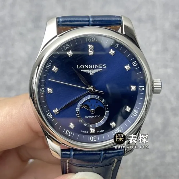 GF FactoryLongines watchmaking traditional top-tier 1:1high-quality watch men's blue dialmoon phaseleather strap model pictures and prices front live photo