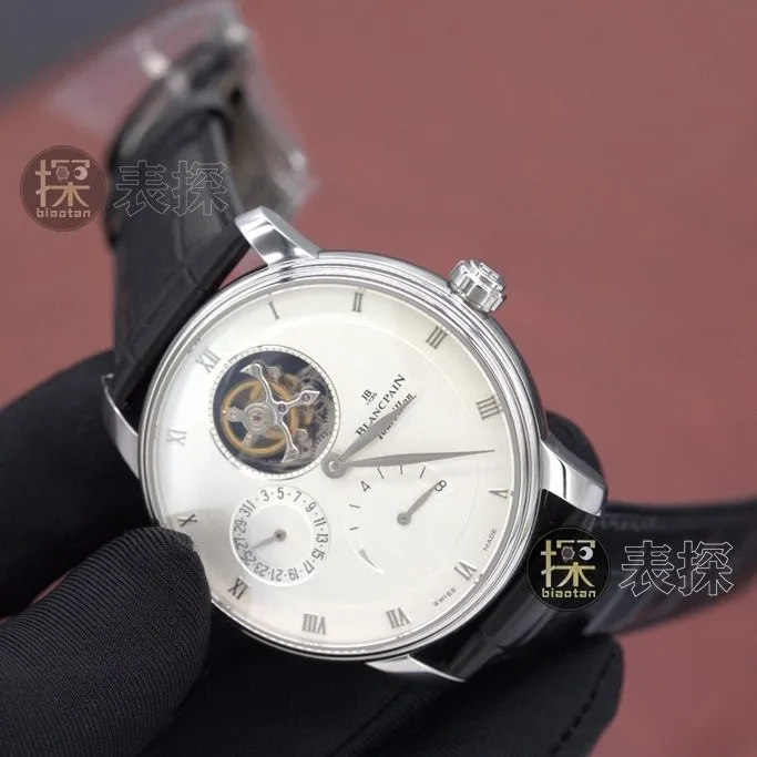YS factory Blancpain1:1replica watch white dialchronograph tourbillon black leather bracelet front view