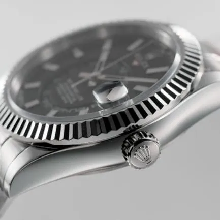 Top Rolex men's watch, black dial, steel bracelet, Sky-Dweller series, automatic mechanical watch, front view