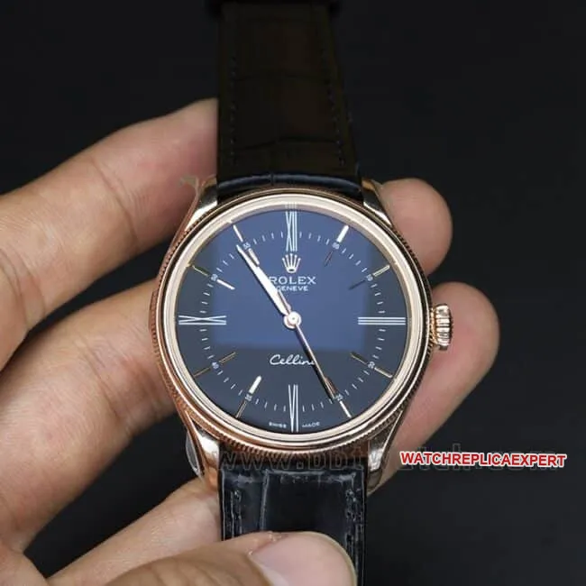 EW Factorytop-tier watch Rolex Cellini m series 50505-0008 men's blue dial black belt 18K gold watch automatic movementleather strap watch back cover picture