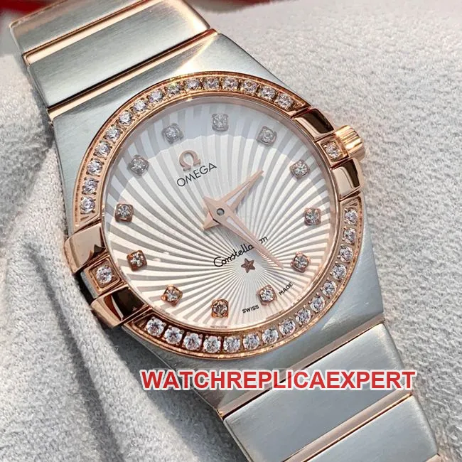 Top-Quality Watch: Omega Constellation with White Dial and Rose Gold Diamond Bezel, 28 mm, Quartz—Front View (Actual Photos)