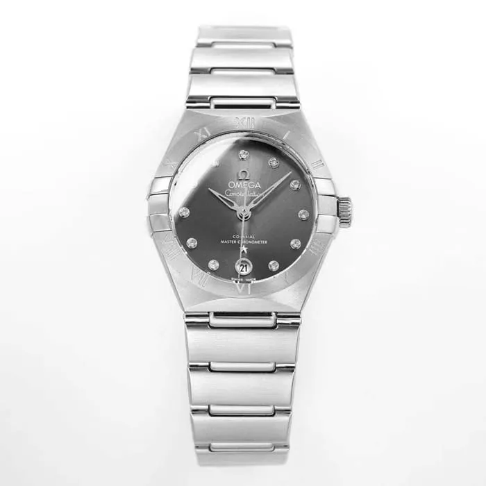 top-tier watch Omega women's black dial constellation series steel bracelet watch front view
