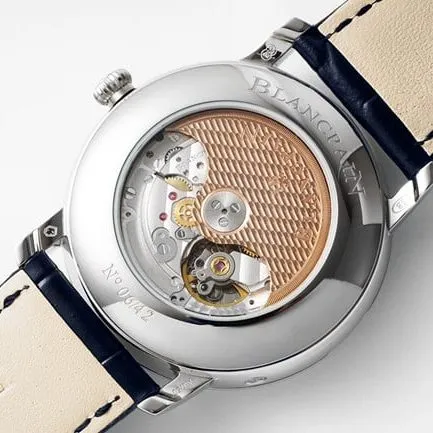 Top watch Blancpain men's blue dial blue strap classic series manual mechanical leather strap watch front view